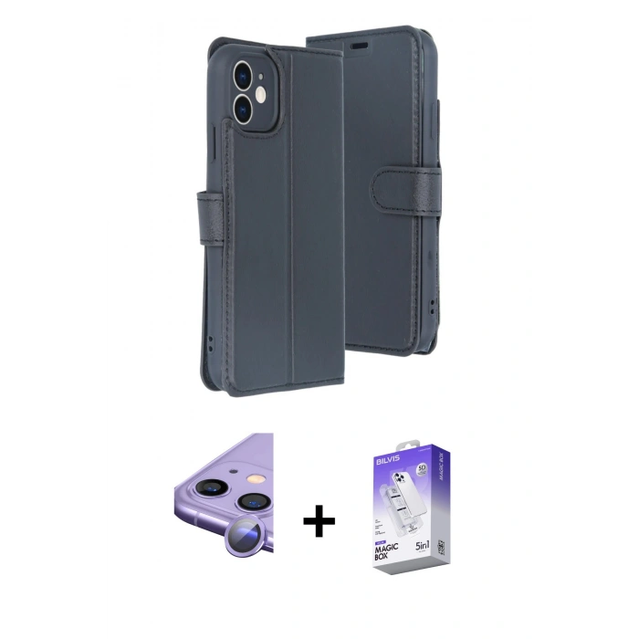 MARSİLYAN™- iPhone 11 Kılıf Siluet Işık Serisi - Siyah Bilvis 5in1 3D Magic Cam Ekran Koruyucu + Raze Metal Kamera Lens - MR