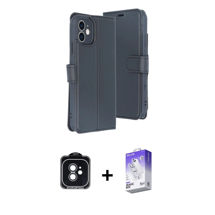 MARSİLYAN™- iPhone 11 Kılıf Siluet Işık Serisi - Siyah Bilvis 5in1 3D Magic Cam Ekran Koruyucu + Siyah PVD Metal Kamera Lens