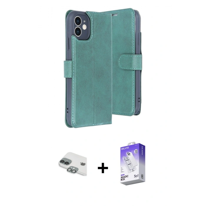 MARSİLYAN™- iPhone 11 Kılıf Siluet Işık Serisi - Siyah Bilvis 5in1 3D Magic Cam Ekran Koruyucu + Yeşil Pers Alüminyum Kamera Lens