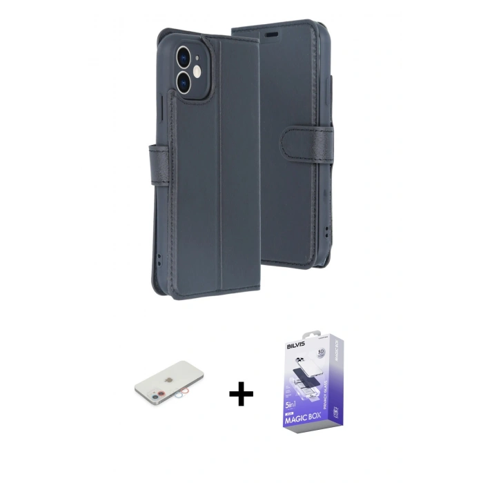 MARSİLYAN™- iPhone 11 Kılıf Siluet Işık Serisi - Siyah Bilvis 5in1 5D Magic Hayalet Cam Ekran Koruyucu + Pembe Renkli Kamera Lens Koruma Cam