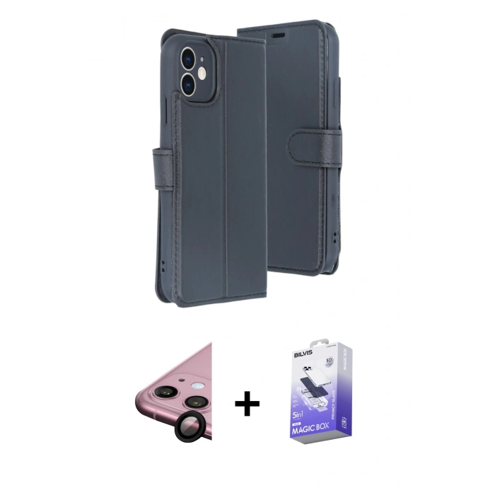 MARSİLYAN™- iPhone 11 Kılıf Siluet Işık Serisi - Siyah Bilvis 5in1 5D Magic Hayalet Cam Ekran Koruyucu + Raze Metal Kamera Lens - SH