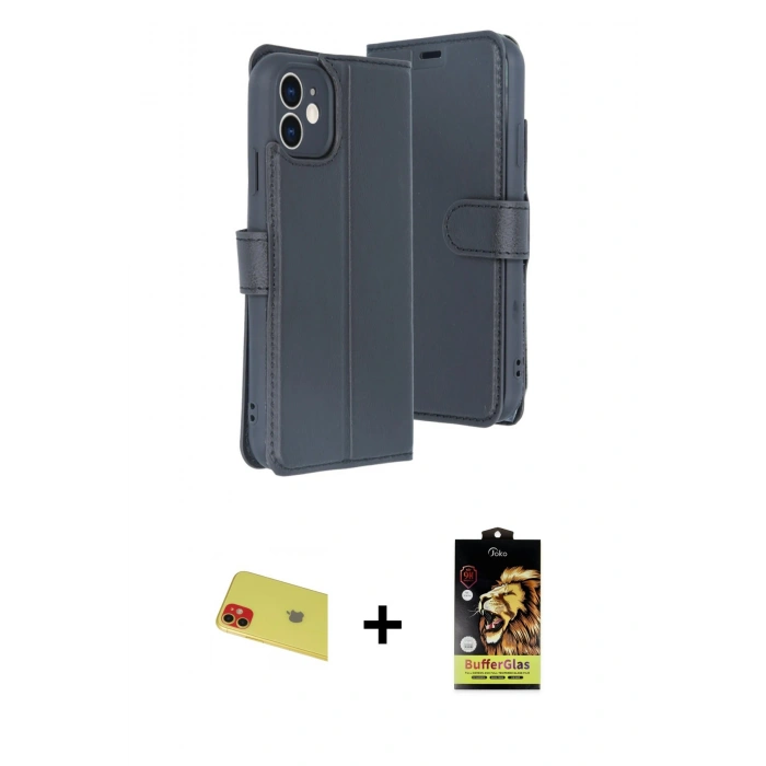 MARSİLYAN™- iPhone 11 Kılıf Siluet Işık Serisi - Siyah Buffer Cam Ekran Koruyucu + Rainbow Kamera Lens Koruma Cam - KI