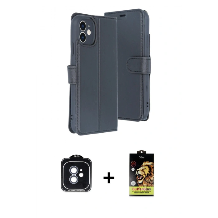 MARSİLYAN™- iPhone 11 Kılıf Siluet Işık Serisi - Siyah Buffer Cam Ekran Koruyucu + PVD Metal Kamera Lens - MI