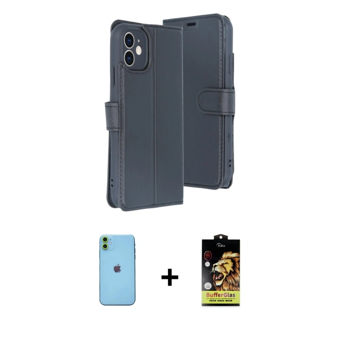 MARSİLYAN™- iPhone 11 Kılıf Siluet Işık Serisi - Siyah Buffer Cam Ekran Koruyucu + Neon Fosforlu Kamera Lens - YL