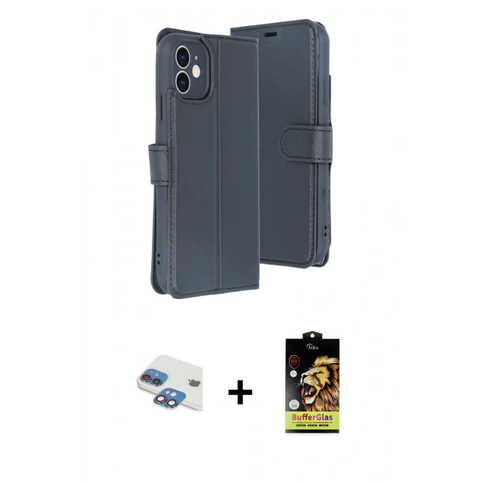 MARSİLYAN™- iPhone 11 Kılıf Siluet Işık Serisi - Siyah Buffer Cam Ekran Koruyucu + Pers Alüminyum Kamera Lens - GI