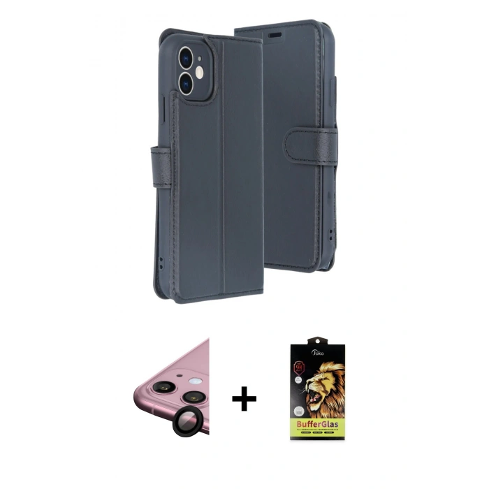 MARSİLYAN™- iPhone 11 Kılıf Siluet Işık Serisi - Siyah Buffer Cam Ekran Koruyucu + Raze Metal Kamera Lens - SH