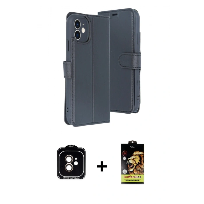 MARSİLYAN™- iPhone 11 Kılıf Siluet Işık Serisi - Siyah Buffer Cam Ekran Koruyucu + Turuncu PVD Metal Kamera Lens