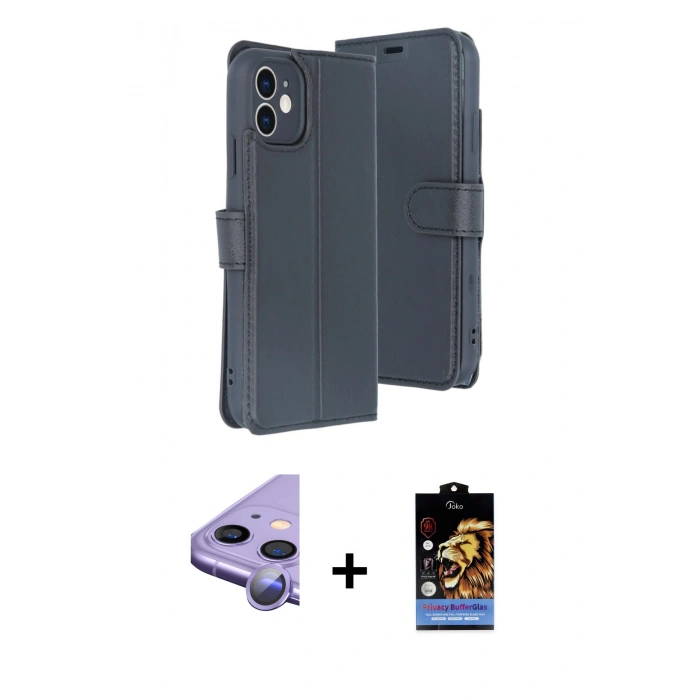 MARSİLYAN™- iPhone 11 Kılıf Siluet Işık Serisi - Siyah Buffer Hayalet Cam Ekran Koruyucu + Mor Raze Metal Kamera Lens