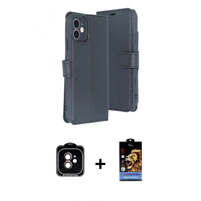 MARSİLYAN™- iPhone 11 Kılıf Siluet Işık Serisi - Siyah Buffer Hayalet Cam Ekran Koruyucu + PVD Metal Kamera Lens - TU