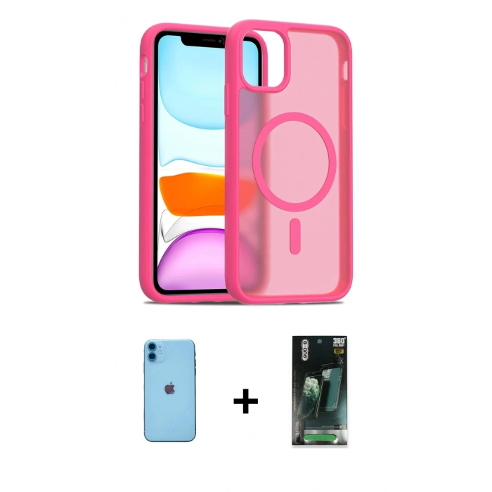 MARSİLYAN™- iPhone 11 Kılıf Siluet Minimal Prime - Şeffaf 360 Full Body Arka Koruyucu + Mavi Neon Fosforlu Kamera Lens