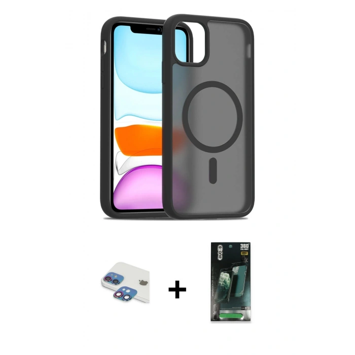 MARSİLYAN™- iPhone 11 Kılıf Siluet Minimal Prime - Şeffaf 360 Full Body Arka Koruyucu + Pers Alüminyum Kamera Lens - GI