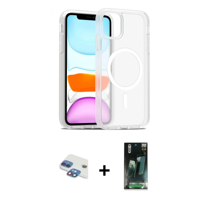 MARSİLYAN™- iPhone 11 Kılıf Siluet Minimal Prime - Şeffaf 360 Full Body Arka Koruyucu + Pers Alüminyum Kamera Lens - GI