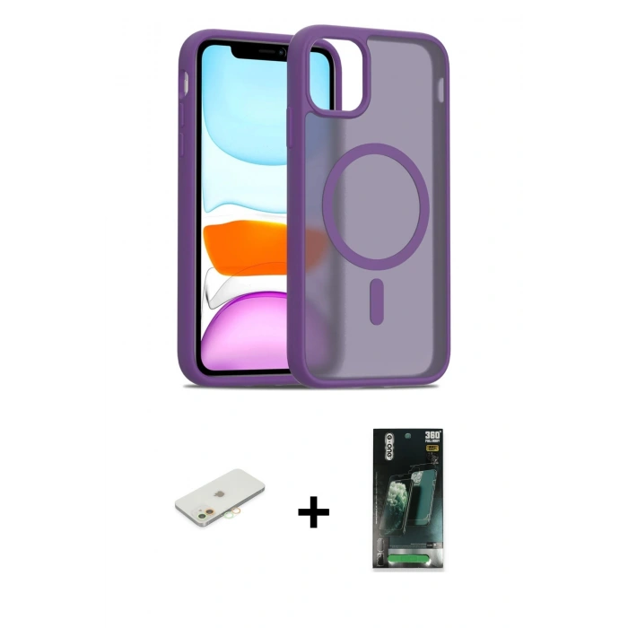 MARSİLYAN™- iPhone 11 Kılıf Siluet Minimal Prime - Şeffaf 360 Full Body Arka Koruyucu + Renkli Kamera Lens Koruma Cam - TU
