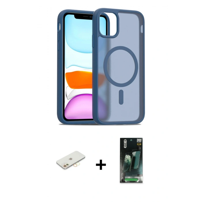 MARSİLYAN™- iPhone 11 Kılıf Siluet Minimal Prime - Şeffaf 360 Full Body Arka Koruyucu + Renkli Kamera Lens Koruma Cam - SI
