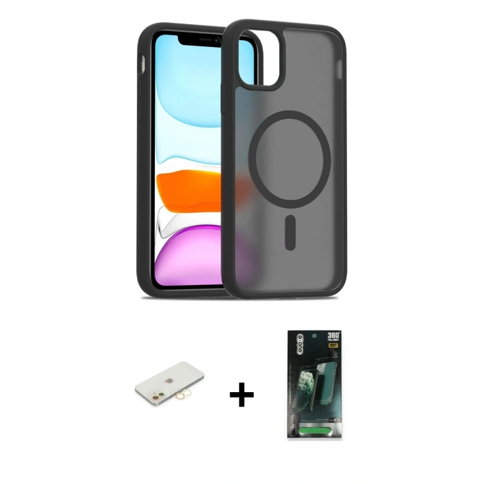 MARSİLYAN™- iPhone 11 Kılıf Siluet Minimal Prime - Şeffaf 360 Full Body Arka Koruyucu + Renkli Kamera Lens Koruma Cam - SI