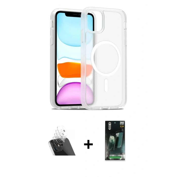 MARSİLYAN™- iPhone 11 Kılıf Siluet Minimal Prime - Şeffaf 360 Full Body Arka Koruyucu + Kamera Lens Koruma Cam - SF