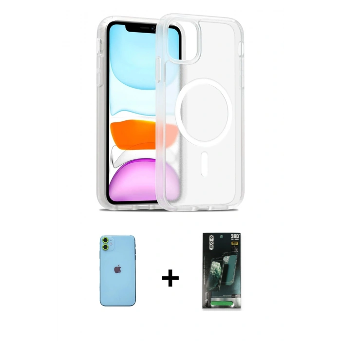 MARSİLYAN™- iPhone 11 Kılıf Siluet Minimal Prime - Şeffaf 360 Full Body Arka Koruyucu + Neon Fosforlu Kamera Lens - YL