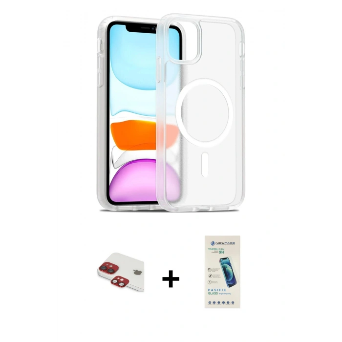 MARSİLYAN™- iPhone 11 Kılıf Siluet Minimal Prime - Şeffaf Pasifik Cam Ekran Koruyucu + Pers Alüminyum Kamera Lens - KI