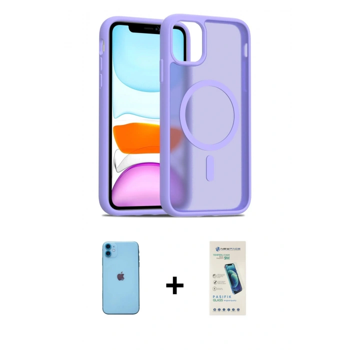 MARSİLYAN™- iPhone 11 Kılıf Siluet Minimal Prime - Şeffaf Pasifik Cam Ekran Koruyucu + Mavi Neon Fosforlu Kamera Lens