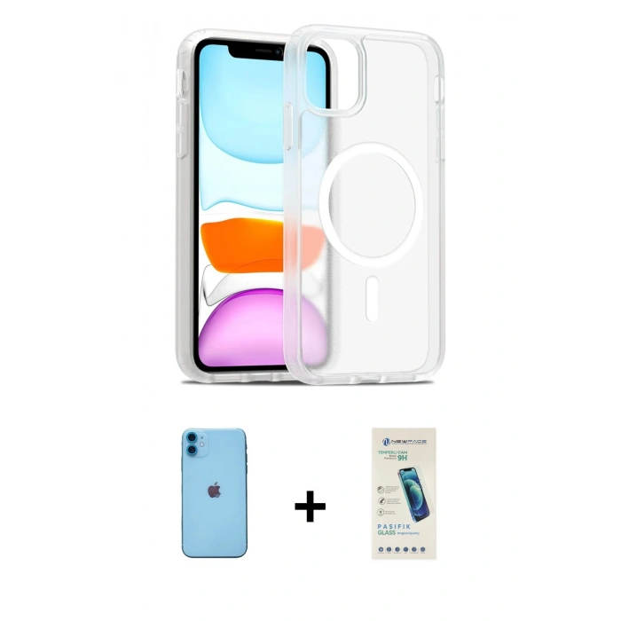 MARSİLYAN™- iPhone 11 Kılıf Siluet Minimal Prime - Şeffaf Pasifik Cam Ekran Koruyucu + Mavi Neon Fosforlu Kamera Lens