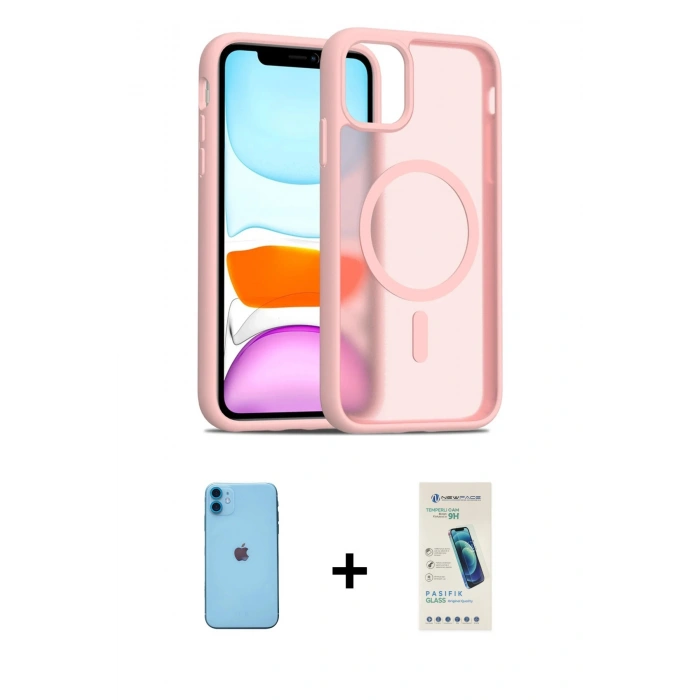 MARSİLYAN™- iPhone 11 Kılıf Siluet Minimal Prime - Şeffaf Pasifik Cam Ekran Koruyucu + Mavi Neon Fosforlu Kamera Lens