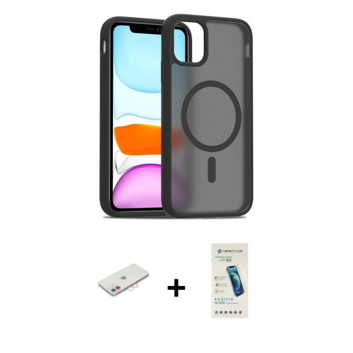 MARSİLYAN™- iPhone 11 Kılıf Siluet Minimal Prime - Şeffaf Pasifik Cam Ekran Koruyucu + Renkli Kamera Lens Koruma Cam - PE