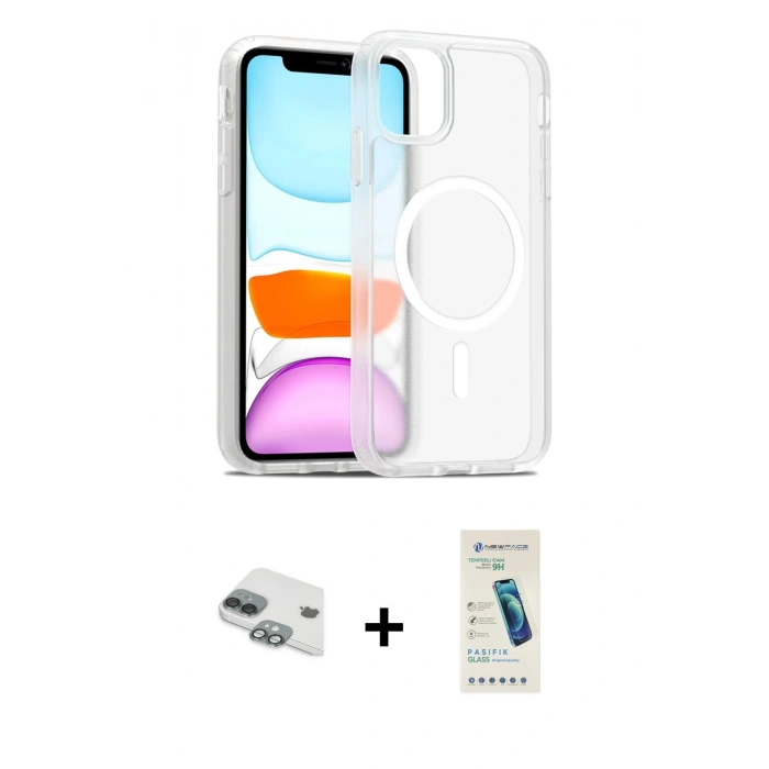 MARSİLYAN™- iPhone 11 Kılıf Siluet Minimal Prime - Şeffaf Pasifik Cam Ekran Koruyucu + Pers Alüminyum Kamera Lens - YL