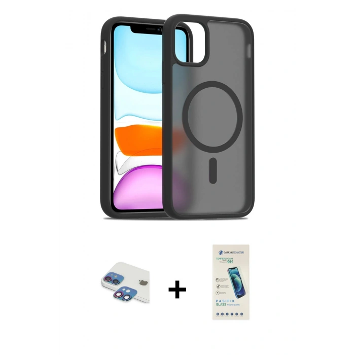 MARSİLYAN™- iPhone 11 Kılıf Siluet Minimal Prime - Şeffaf Pasifik Cam Ekran Koruyucu + Pers Alüminyum Kamera Lens - GI