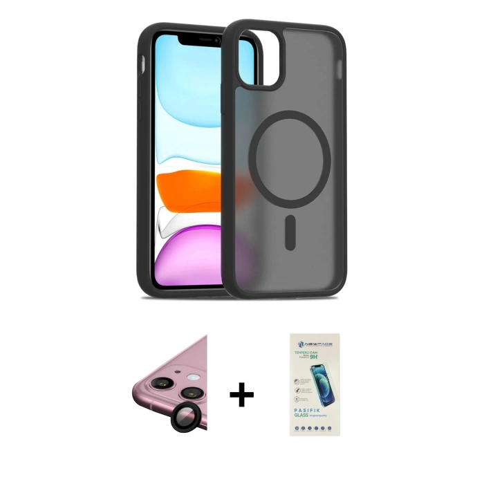 MARSİLYAN™- iPhone 11 Kılıf Siluet Minimal Prime - Şeffaf Pasifik Cam Ekran Koruyucu + Raze Metal Kamera Lens - SH