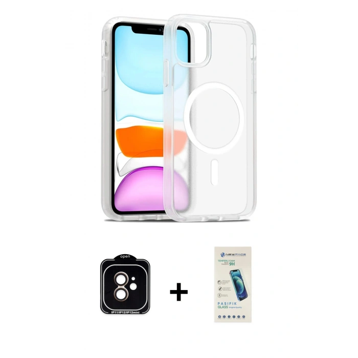 MARSİLYAN™- iPhone 11 Kılıf Siluet Minimal Prime - Şeffaf Pasifik Cam Ekran Koruyucu + PVD Metal Kamera Lens - TU