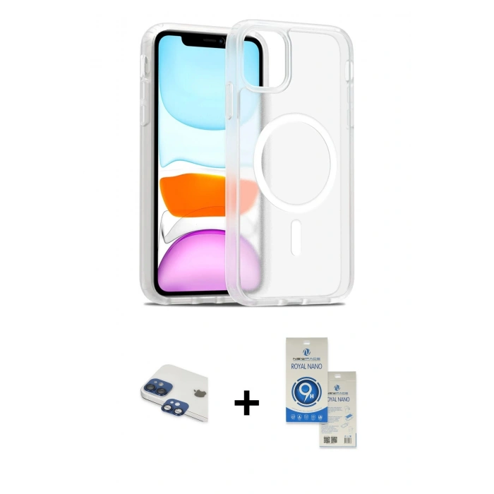 MARSİLYAN™- iPhone 11 Kılıf Siluet Minimal Prime - Şeffaf Royal Nano Ekran Koruyucu + Pers Alüminyum Kamera Lens - LT