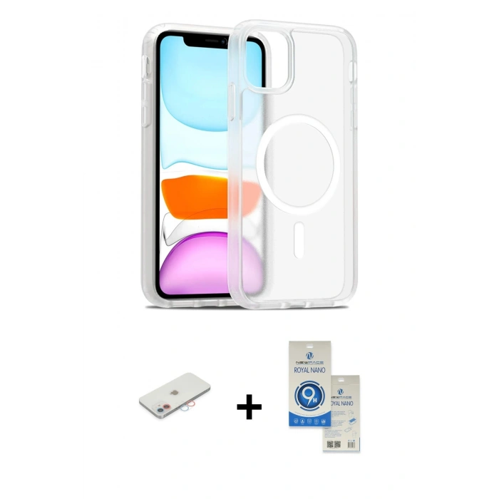 MARSİLYAN™- iPhone 11 Kılıf Siluet Minimal Prime - Şeffaf Royal Nano Ekran Koruyucu + Renkli Kamera Lens Koruma Cam - PE
