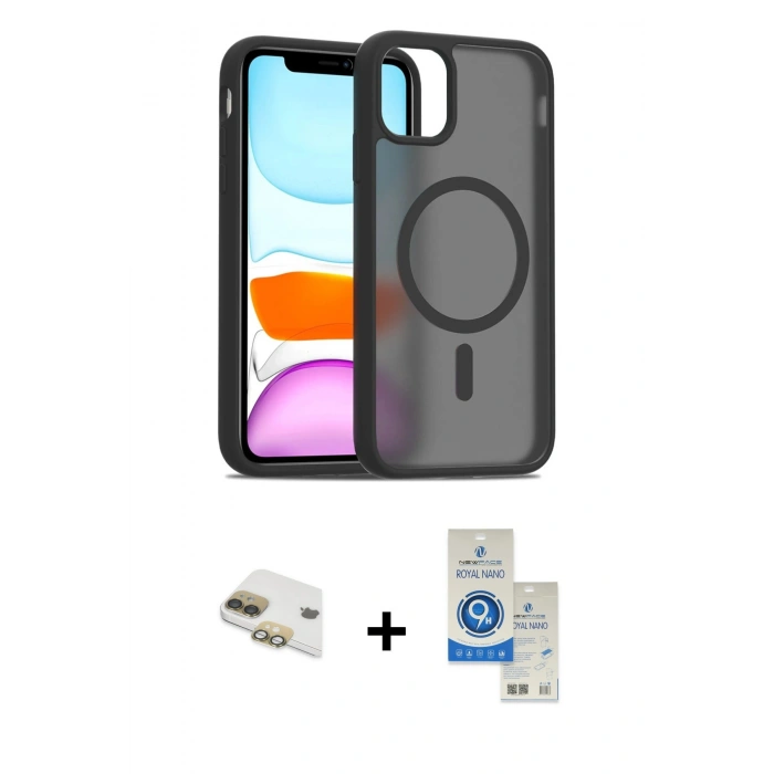 MARSİLYAN™- iPhone 11 Kılıf Siluet Minimal Prime - Şeffaf Royal Nano Ekran Koruyucu + Pers Alüminyum Kamera Lens - GD