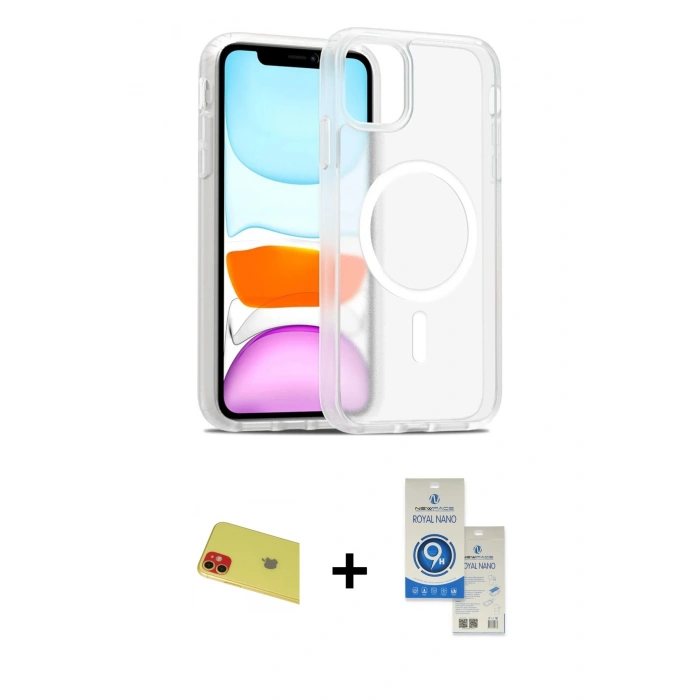 MARSİLYAN™- iPhone 11 Kılıf Siluet Minimal Prime - Şeffaf Royal Nano Ekran Koruyucu + Rainbow Kamera Lens Koruma Cam - KI