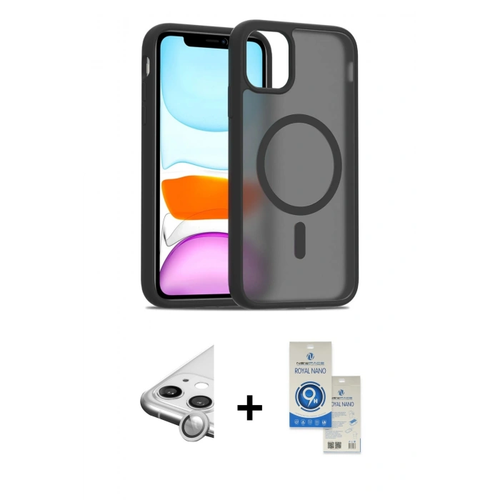 MARSİLYAN™- iPhone 11 Kılıf Siluet Minimal Prime - Şeffaf Royal Nano Ekran Koruyucu + Raze Metal Kamera Lens - GS