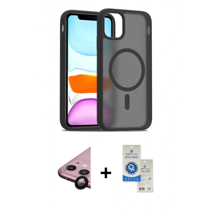 MARSİLYAN™- iPhone 11 Kılıf Siluet Minimal Prime - Şeffaf Royal Nano Ekran Koruyucu + Raze Metal Kamera Lens - SH