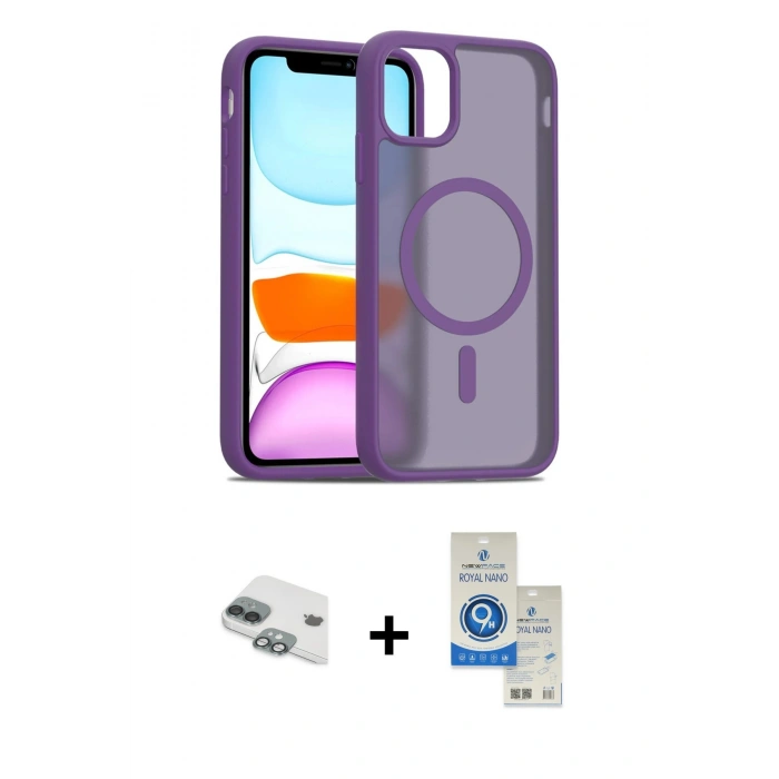 MARSİLYAN™- iPhone 11 Kılıf Siluet Minimal Prime - Şeffaf Royal Nano Ekran Koruyucu + Pers Alüminyum Kamera Lens - YL