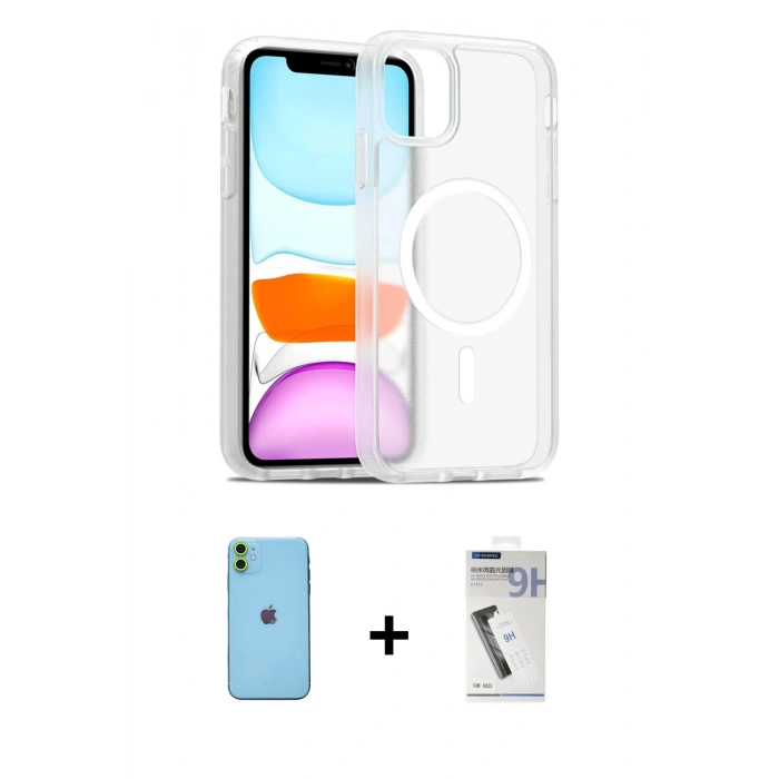 MARSİLYAN™- iPhone 11 Kılıf Siluet Minimal Prime - Şeffaf Uv Polymer Nano Ekran Koruyucu + Neon Fosforlu Kamera Lens - YL