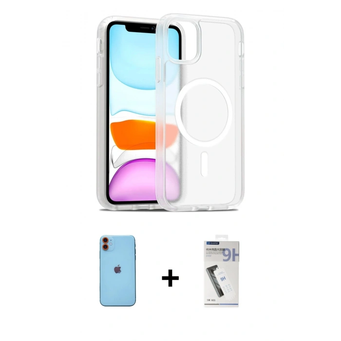 MARSİLYAN™- iPhone 11 Kılıf Siluet Minimal Prime - Şeffaf Uv Polymer Nano Ekran Koruyucu + Neon Fosforlu Kamera Lens - TU