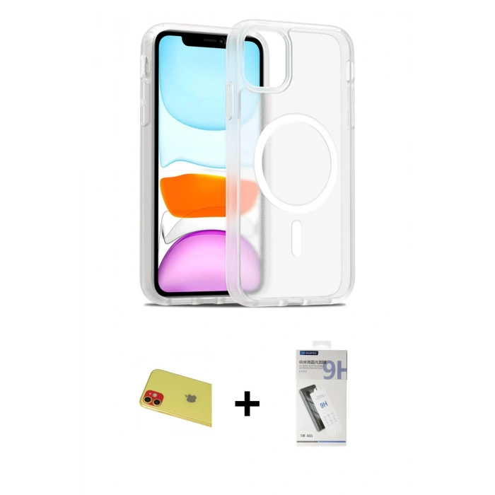MARSİLYAN™- iPhone 11 Kılıf Siluet Minimal Prime - Şeffaf Uv Polymer Nano Ekran Koruyucu + Rainbow Kamera Lens Koruma Cam - KI