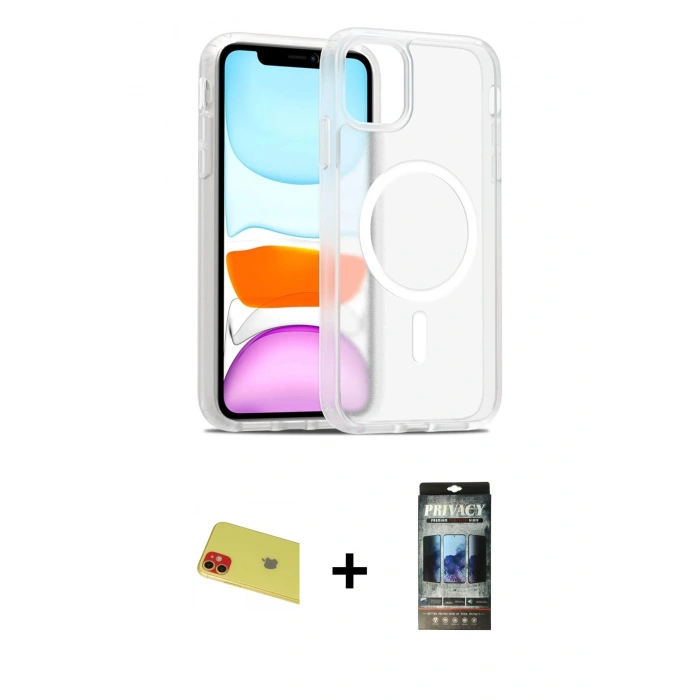 MARSİLYAN™- iPhone 11 Kılıf Siluet Minimal Prime - Siyah 34D Hayalet Izgaralı Cam + Rainbow Kamera Lens Koruma Cam - KI