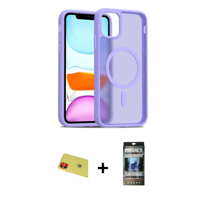 MARSİLYAN™- iPhone 11 Kılıf Siluet Minimal Prime - Siyah 34D Hayalet Izgaralı Cam + Rainbow Kamera Lens Koruma Cam - KI