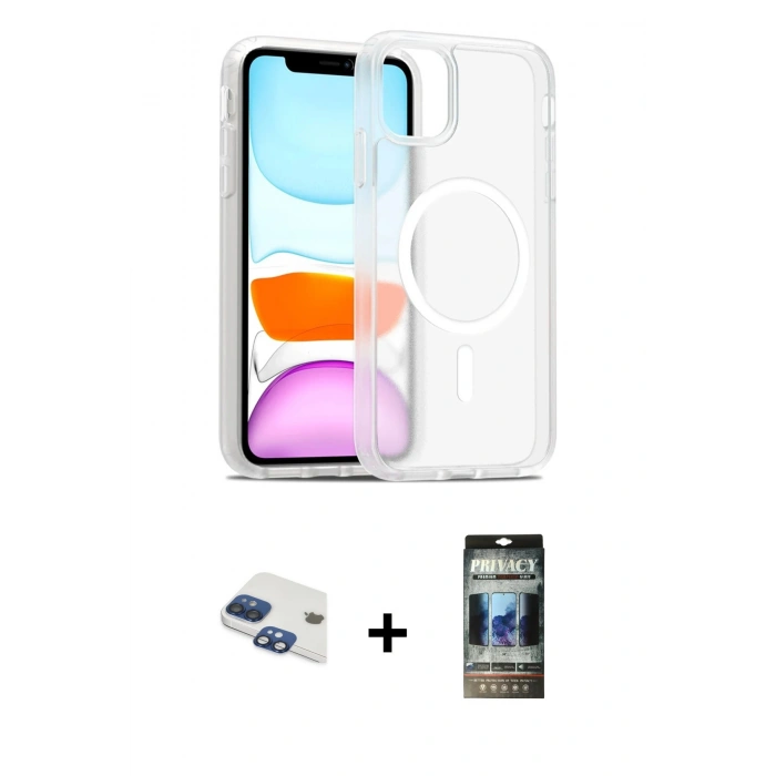 MARSİLYAN™- iPhone 11 Kılıf Siluet Minimal Prime - Siyah 34D Hayalet Izgaralı Cam + Pers Alüminyum Kamera Lens - LT