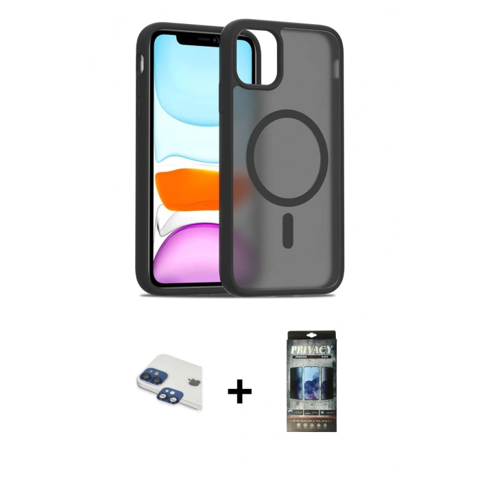 MARSİLYAN™- iPhone 11 Kılıf Siluet Minimal Prime - Siyah 34D Hayalet Izgaralı Cam + Pers Alüminyum Kamera Lens - LT