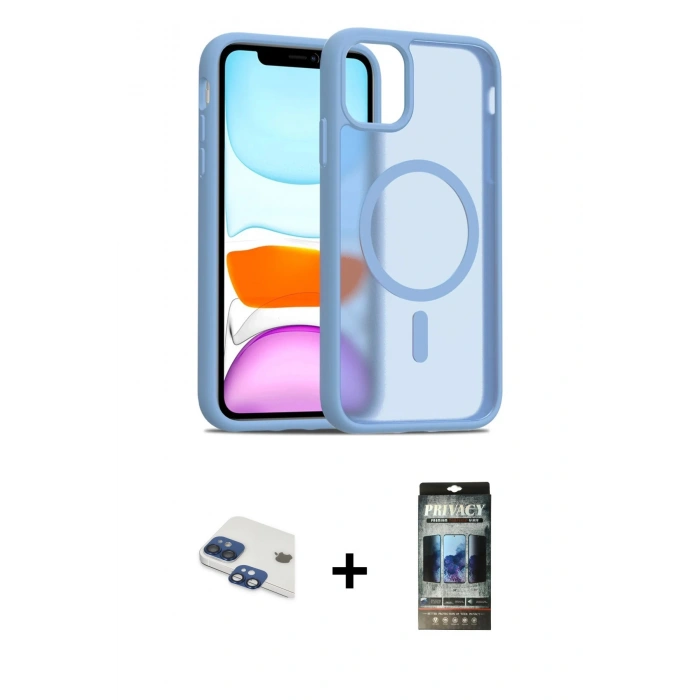 MARSİLYAN™- iPhone 11 Kılıf Siluet Minimal Prime - Siyah 34D Hayalet Izgaralı Cam + Pers Alüminyum Kamera Lens - LT