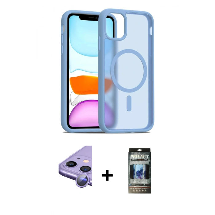 MARSİLYAN™- iPhone 11 Kılıf Siluet Minimal Prime - Siyah 34D Hayalet Izgaralı Cam + Raze Metal Kamera Lens - MR