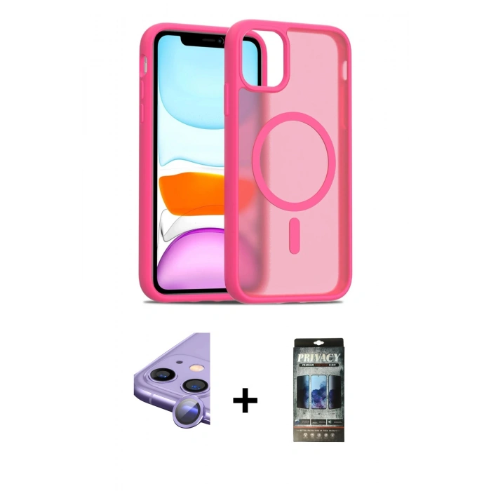 MARSİLYAN™- iPhone 11 Kılıf Siluet Minimal Prime - Siyah 34D Hayalet Izgaralı Cam + Raze Metal Kamera Lens - MR