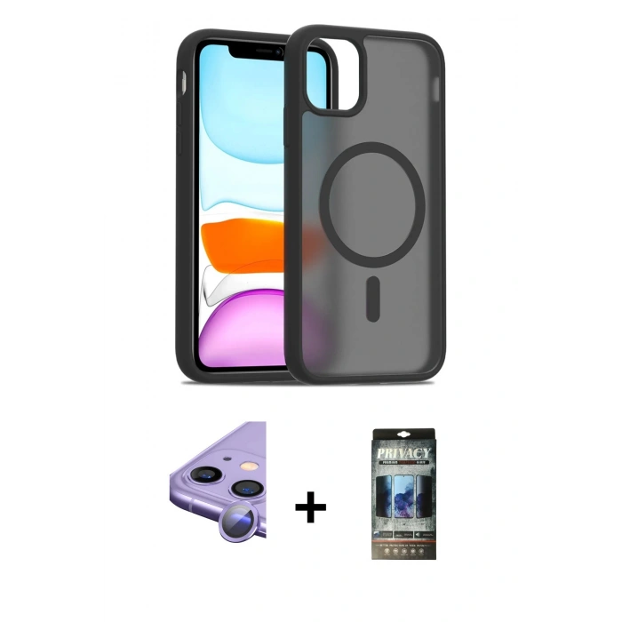 MARSİLYAN™- iPhone 11 Kılıf Siluet Minimal Prime - Siyah 34D Hayalet Izgaralı Cam + Raze Metal Kamera Lens - MR