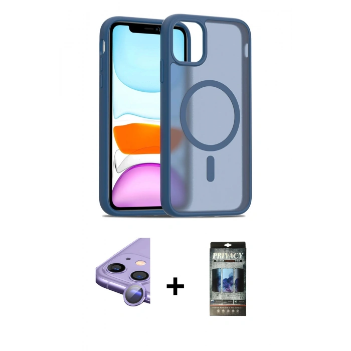 MARSİLYAN™- iPhone 11 Kılıf Siluet Minimal Prime - Siyah 34D Hayalet Izgaralı Cam + Raze Metal Kamera Lens - MR