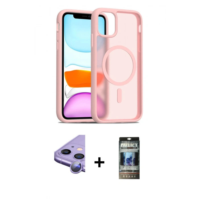 MARSİLYAN™- iPhone 11 Kılıf Siluet Minimal Prime - Siyah 34D Hayalet Izgaralı Cam + Raze Metal Kamera Lens - MR